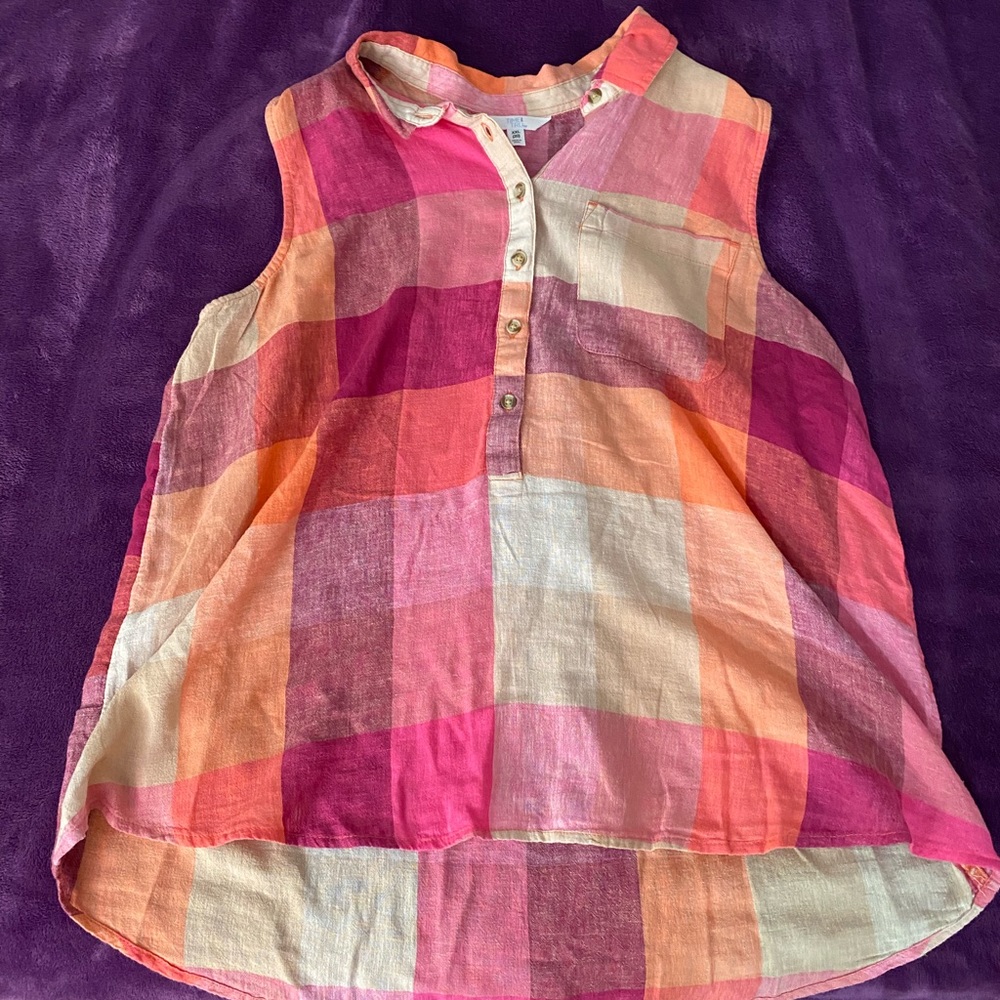 Size 20, Time and Tru brand, patchwork design in sunset tones, collar neckline.